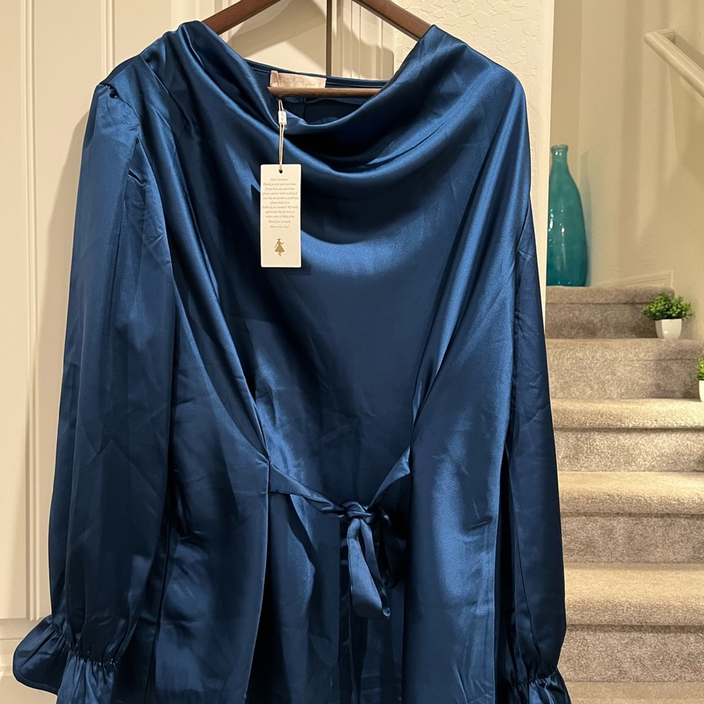 Elegant Draped Satin Women's Top in Deep Blue
